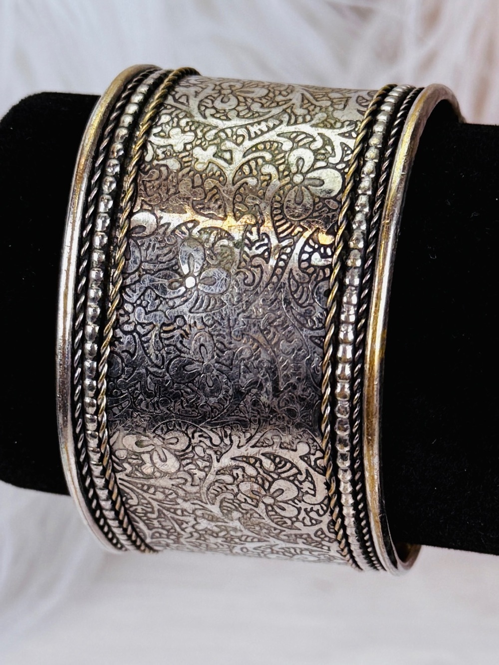 Vintage Aged Silvertone etched Wideband Cuff Bracelet